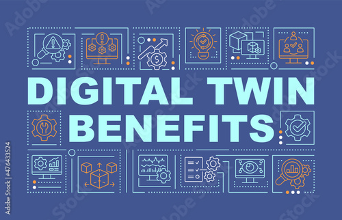 Digital twin advantages word concepts blue banner. Smart industry. Infographics with linear icons on background. Isolated typography. Vector outline color illustration with text. Arial-Black font used