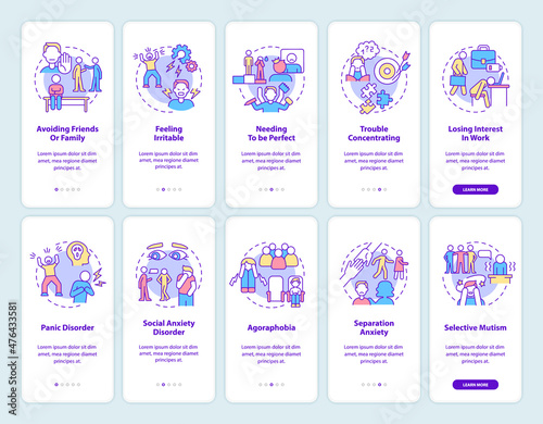 Anxiety disorder onboarding mobile app screen set. Mental illness walkthrough 5 steps graphic instructions pages with linear concepts. UI, UX, GUI template. Myriad Pro-Bold, Regular fonts used