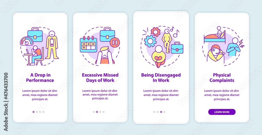 Workplace anxiety reasons onboarding mobile app screen. Mental disorder walkthrough 4 steps graphic instructions pages with linear concepts. UI, UX, GUI template. Myriad Pro-Bold, Regular fonts used