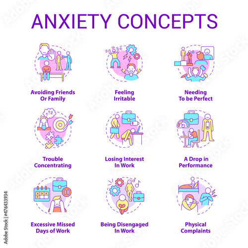 Anxiety concept icons set. Natural reaction on stress. Mental health problem idea thin line color illustrations. Isolated outline drawings. Roboto-Medium, Myriad Pro-Bold fonts used