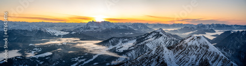 Snow-covered alpine peaks in the sunset, Hohe Tauern on the horizon, Austrian and German border area