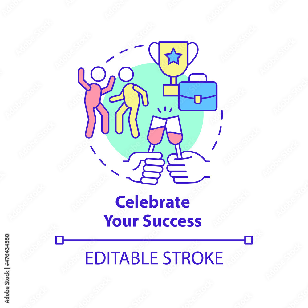 Celebrate your success concept icon. Anxiety overcome by employee abstract idea thin line illustration. Isolated outline drawing. Editable stroke. Roboto-Medium, Myriad Pro-Bold fonts used