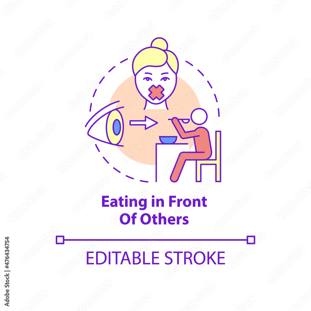 Eating in front of others concept icon. Anxiety disorder trigger abstract idea thin line illustration. Isolated outline drawing. Editable stroke. Roboto-Medium, Myriad Pro-Bold fonts used