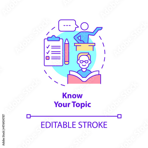 Know your topic concept icon. Overcoming fear of public speaking abstract idea thin line illustration. Isolated outline drawing. Editable stroke. Roboto-Medium, Myriad Pro-Bold fonts used