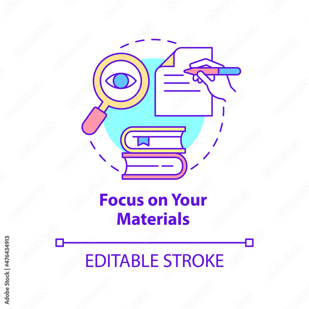 Focus on your materials concept icon. Prepare for confidence. Avoid anxiety abstract idea thin line illustration. Isolated outline drawing. Editable stroke. Roboto-Medium, Myriad Pro-Bold fonts used Focus on your materials concept icon. Prepare for confidence. Avoid anxiety abstract idea thin line illustration. Isolated outline drawing. Editable stroke. Roboto-Medium, Myriad Pro-Bold fonts used