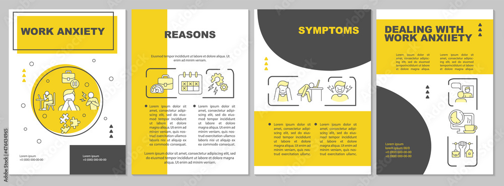 Naklejka premium Work anxiety yellow brochure template. Emotional disorder issues. Booklet print design with linear icons. Vector layouts for presentation, annual reports, ads. Arial, Myriad Pro-Regular fonts used