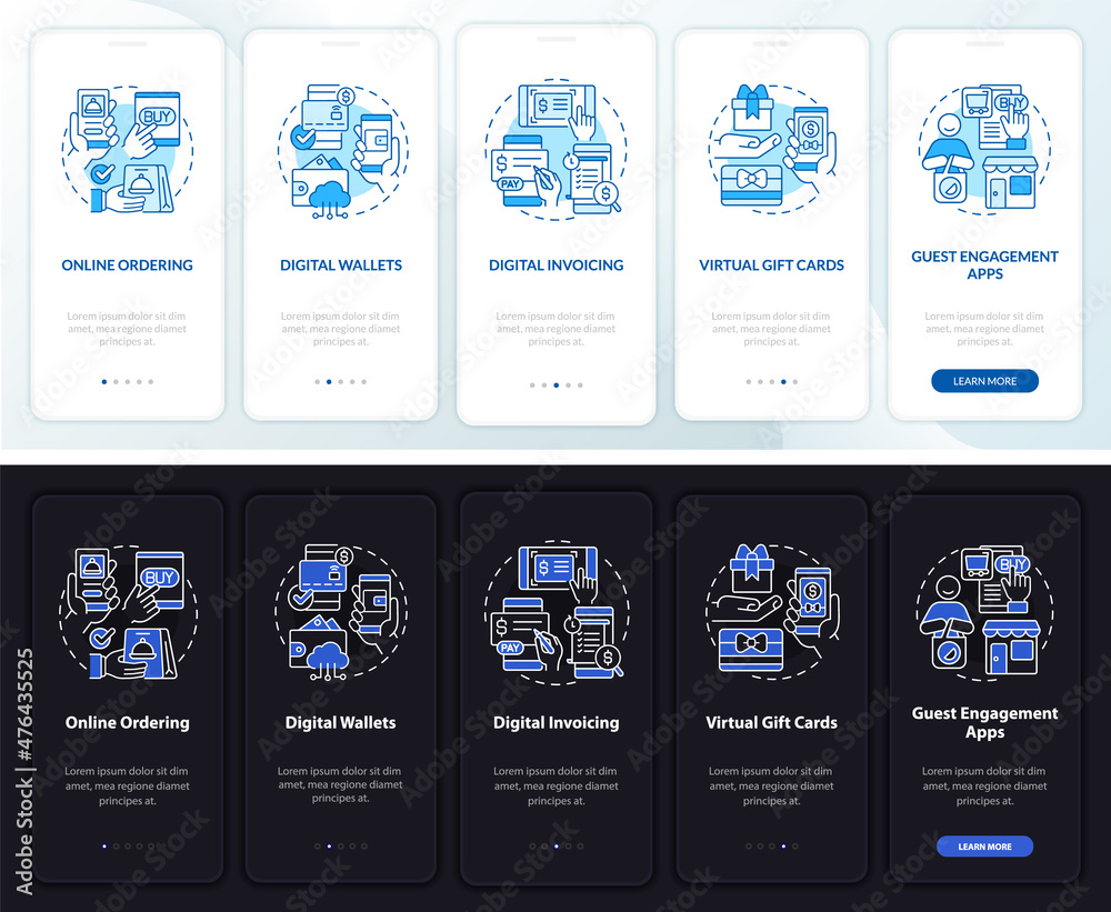 Contactless solution night and day mode onboarding mobile app screen. Walkthrough 5 steps graphic instructions pages with linear concepts. UI, UX, GUI template. Myriad Pro-Bold, Regular fonts used