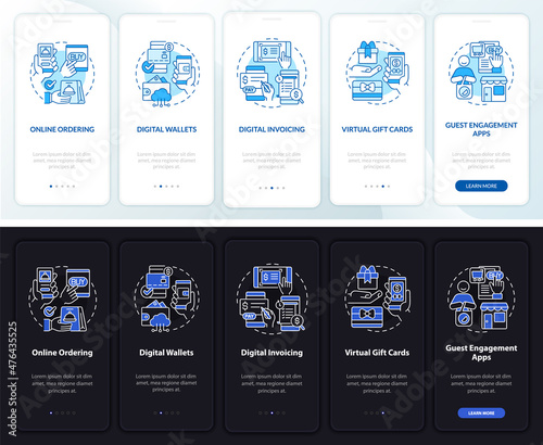 Contactless solution night and day mode onboarding mobile app screen. Walkthrough 5 steps graphic instructions pages with linear concepts. UI, UX, GUI template. Myriad Pro-Bold, Regular fonts used