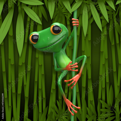 3D Illustration of a Green Frog on a Liana on a Jungle Background