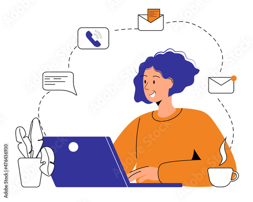 Woman works on her laptop and infographics in the background. Office worker. Communication, global network concept for banner, website design or landing page. Isolated flat vector illustration.