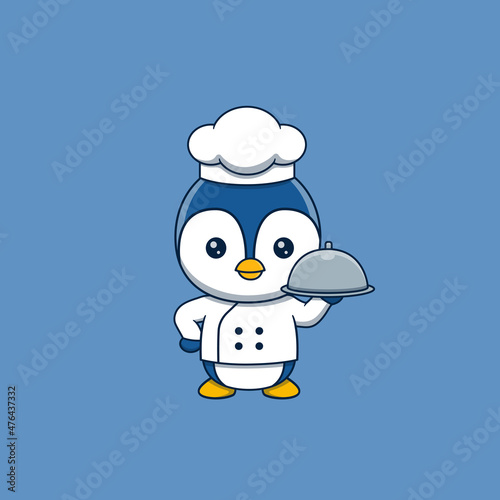 Cute penguin chef holding restaurant cloche