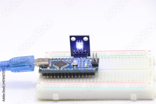 RGB smd LED module with glowing lights controlled by a microcontroller. Do it yourself arduino projects
