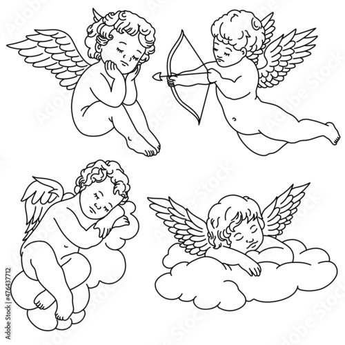 4 cherub outlines and line art for valentines day with cupid vector photo