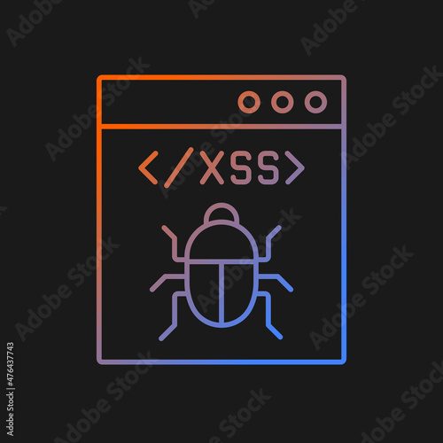 XSS attack gradient vector icon for dark theme. Cross site scripting. Software attack. Client side code injection. Thin line color symbol. Modern style pictogram. Vector isolated outline drawing