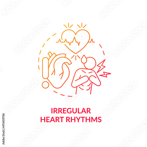 Irregular heart rhythms red gradient concept icon. Slow heartbeat. Tachycardia abstract idea thin line illustration. Isolated outline drawing. Roboto-Medium, Myriad Pro-Bold fonts used