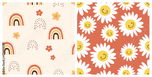 Seamless pattern with hand drawn rainbows and little flower on cream background. Seamless pattern with retro daisy cartoons on orange background. Cute nursery contemporary color style vector.