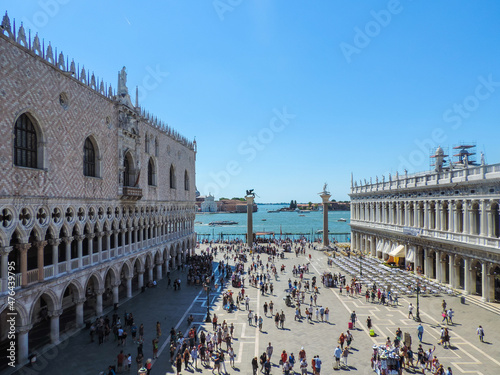 Venice, Italy, July 2017 - Day view of the Doge's Palace and part of San Marco Square from a balcony at the Basilica di San Marco