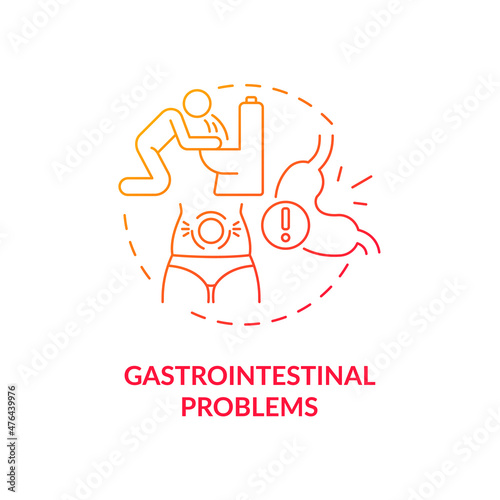 Gastrointestinal problems red gradient concept icon. Digestive disorders. Abdominal pain abstract idea thin line illustration. Isolated outline drawing. Roboto-Medium, Myriad Pro-Bold fonts used
