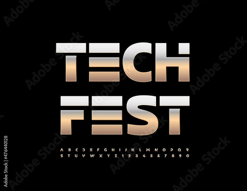 Vector industrial style poster Tech Fest. Iron Alphabet Letters and Numbers set. Matt Chrome Font
