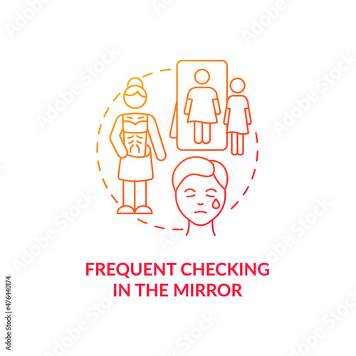 Frequent checking in the mirror red gradient concept icon. Dissatisfaction with your body abstract idea thin line illustration. Isolated outline drawing. Roboto-Medium, Myriad Pro-Bold fonts used photo