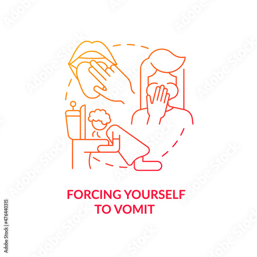 Forcing yourself to vomit red gradient concept icon. Throw up to lose weight. Bulimia abstract idea thin line illustration. Isolated outline drawing. Roboto-Medium, Myriad Pro-Bold fonts used