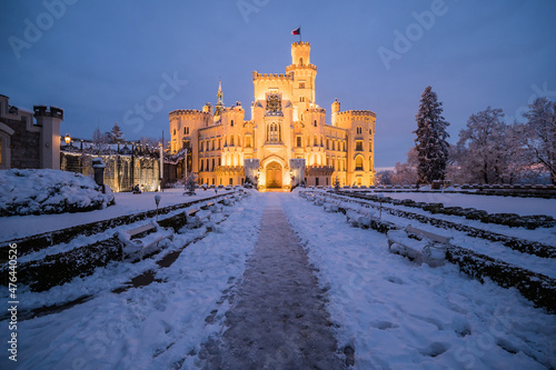 Famous castle Hluboka nad Vltavou in the Czech Republic in winter in the evening