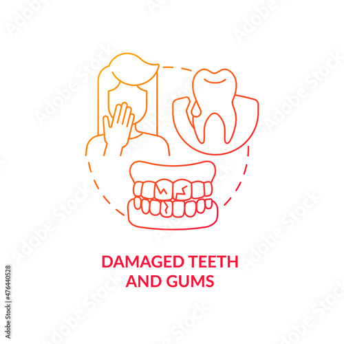 Damaged teeth and gums red gradient concept icon. Tooth decay. Oral cavity problems abstract idea thin line illustration. Isolated outline drawing. Roboto-Medium, Myriad Pro-Bold fonts used