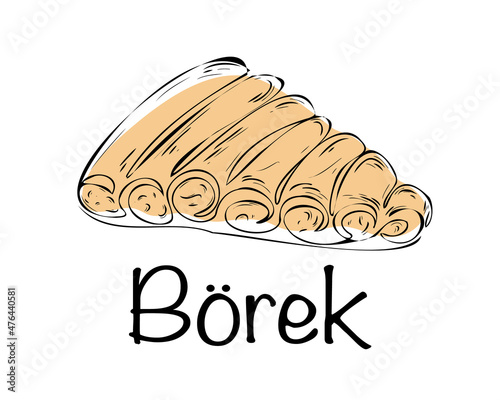 Turkish dish borek. Burek, pide, lavash. Traditional authentic Turkish cuisine. Doodle. Hand drawn. Vector illustration