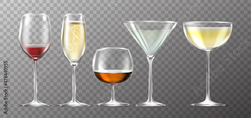 3d realistic vector icon. big collection of full glasses, vine, champagne, martini,margarita.