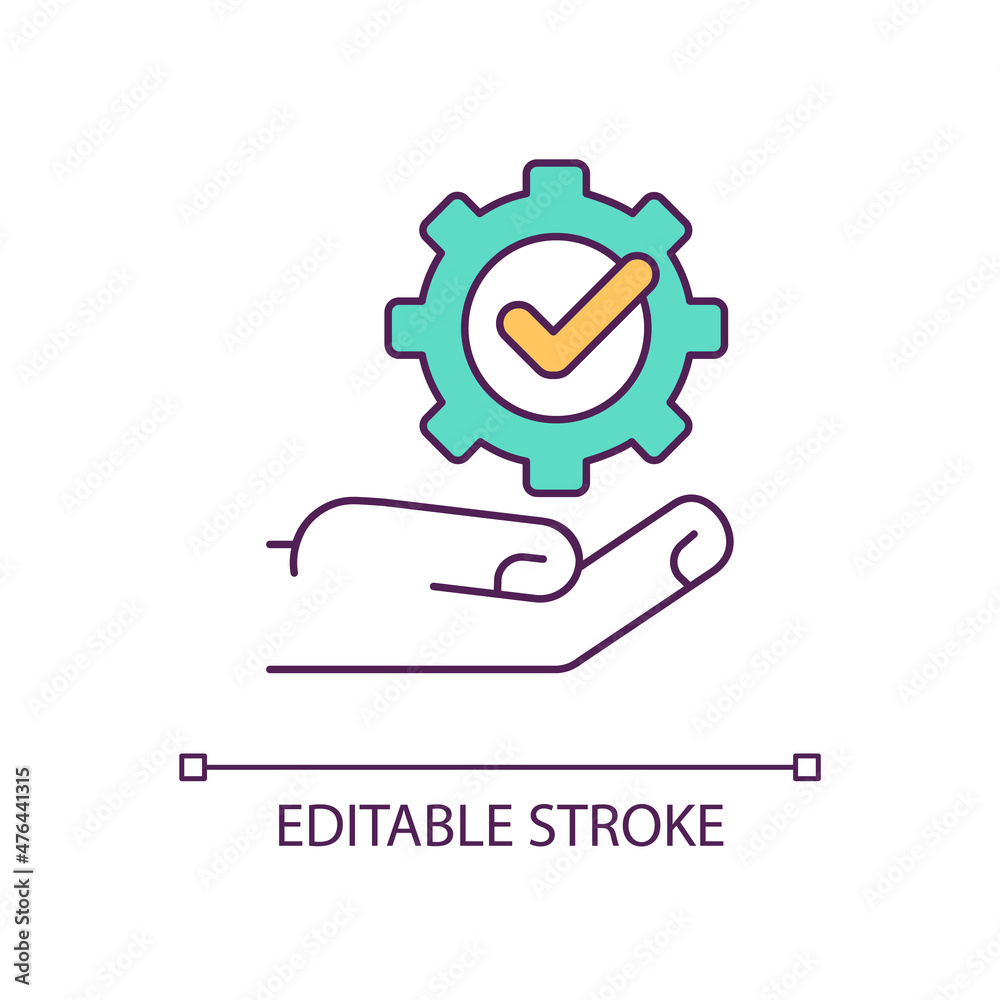 Hand holding gear with check mark RGB color icon. Business and startup. Technology innovation. Isolated vector illustration. Simple filled line drawing. Editable stroke. Arial font used