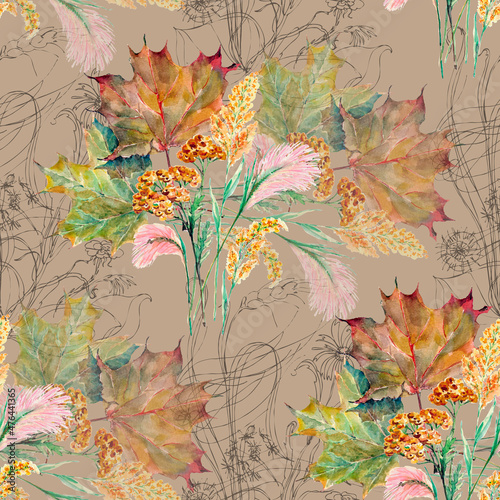 Watercolor autumn leaves on graphic plants background. Autumn seamless pattern.