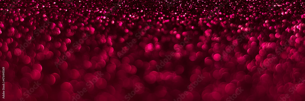 Pink sparkling glitter bokeh background, christmas texture. Holiday lights. Abstract defocused header. Wide screen wallpaper. Panoramic web banner with copy space for design
