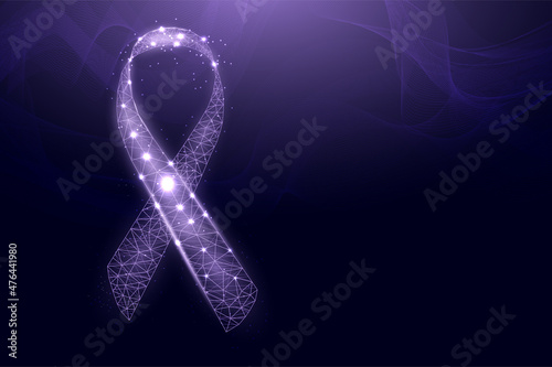 World cancer day concept. Banner with glowing low poly purple ribbon awareness. Futuristic modern abstract background. Vector illustration.
