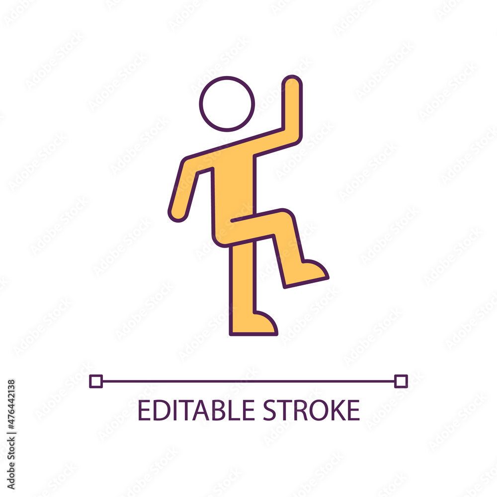 Dancing person RGB color icon. Having fun and relax. Active lifestyle. Sportive exercises. Isolated vector illustration. Simple filled line drawing. Editable stroke. Arial font used Dancing person RGB color icon. Having fun and relax. Active lifestyle. Sportive exercises. Isolated vector illustration. Simple filled line drawing. Editable stroke. Arial font used