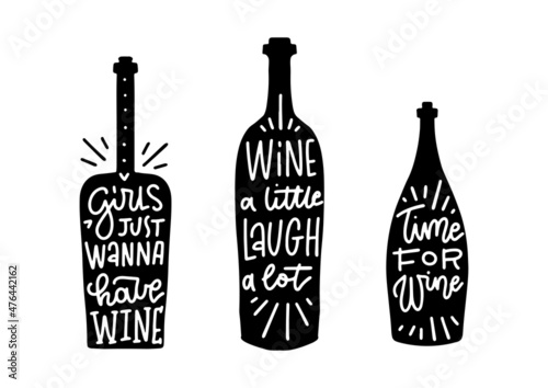 Typography set of wine bottle silhouettes with lettering quotes. Vector handwriting illustration designed for advertising bar or pub menu, prints, poster, banner and labels creations