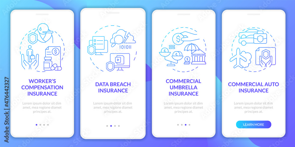 Coverage types blue gradient onboarding mobile app screen. Assurance walkthrough 4 steps graphic instructions pages with linear concepts. UI, UX, GUI template. Myriad Pro-Bold, Regular fonts used