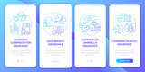 Coverage types blue gradient onboarding mobile app screen. Assurance walkthrough 4 steps graphic instructions pages with linear concepts. UI, UX, GUI template. Myriad Pro-Bold, Regular fonts used