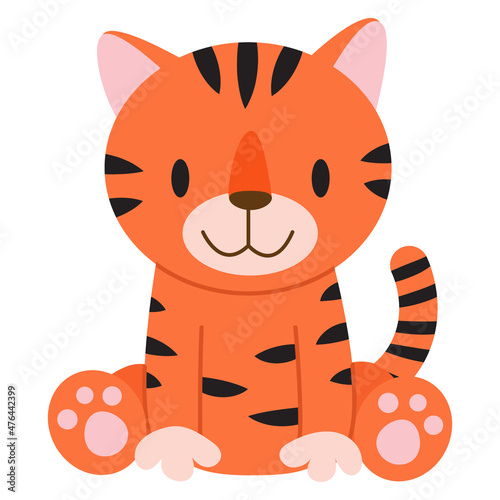 Cute cartoon little tiger. Illustration for cards, clothes, baby shower, textile and books. Children design and decor element. Positive funny print for Birthday and Christmas party