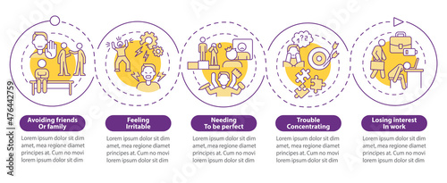 Anxiety at workplace purple circle infographic template. Work life. Data visualization with 5 steps. Process timeline info chart. Workflow layout with line icons. Myriad Pro-Bold, Regular fonts used