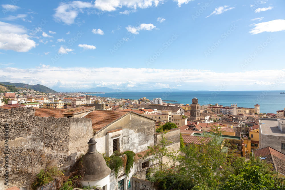 View of the Gulf of Salerno / Salerno bay and the greater city of Salerno, Campania, Southern Italy.