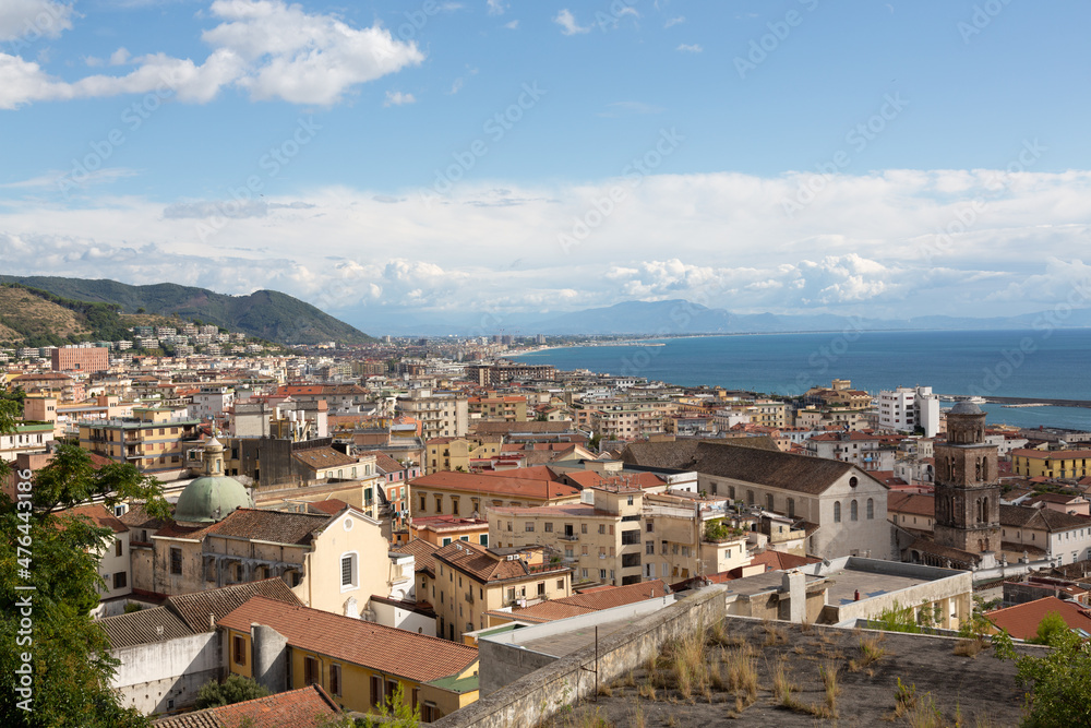 Obraz premium View of the Gulf of Salerno / Salerno bay and the greater city of Salerno, Campania, Southern Italy.