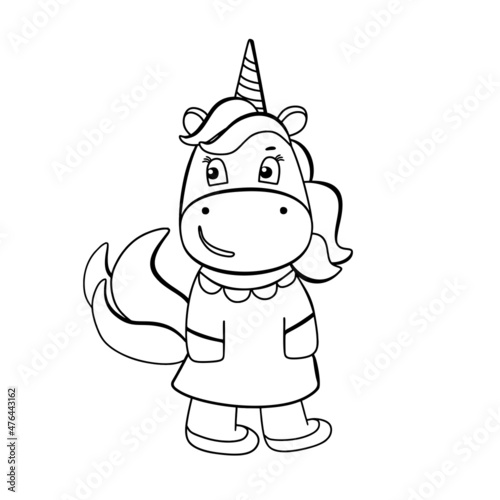 Funny unicorn coloring book. Cute cartoon pony character in black and white style. For postcards, posters, book illustrations. Vector illustration in doodle style.