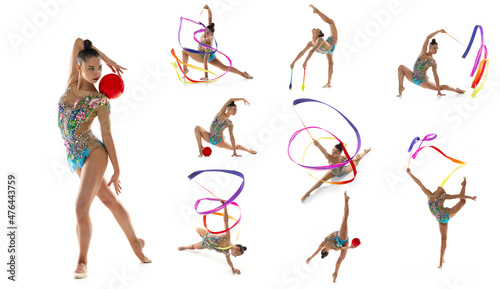 Collage of professional rhytmic gymnast, young woman practising, training isolated over white background photo