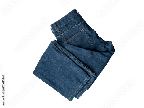 Denim trousers, made of jeans, folded neatly, fashion trends, isolated on a white background