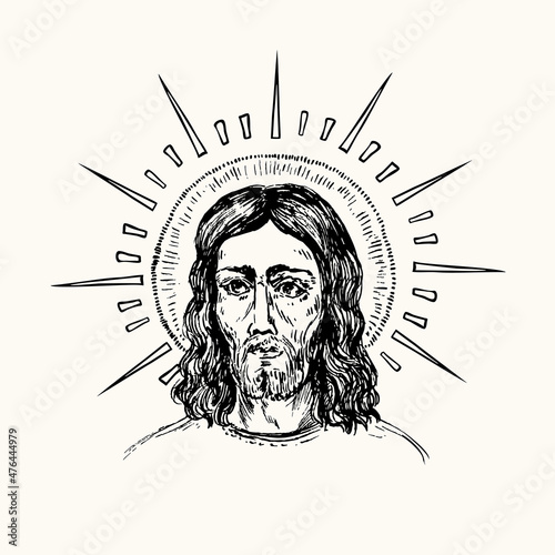 Jesus Christ Icon with nimb. Ink black and white doodle drawing in woodcut style with inscription.