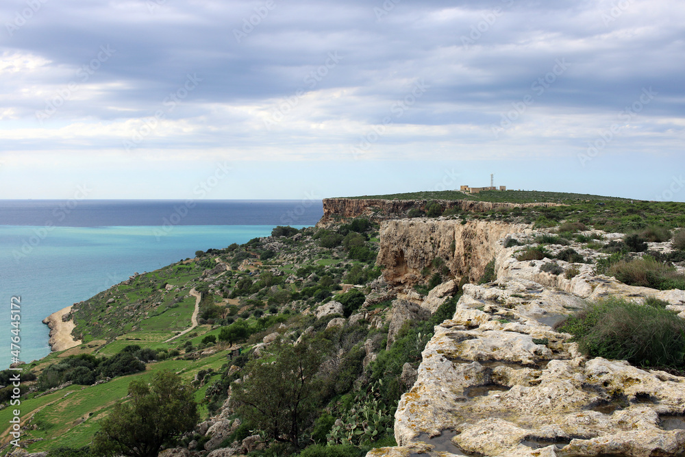 Rocky shore of Malta island, Mellieha, with steep cliffs