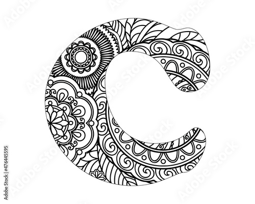 Alphabet mandala pattern, Mandala Style Letters C, Alphabet letter coloring book for adults vector illustration