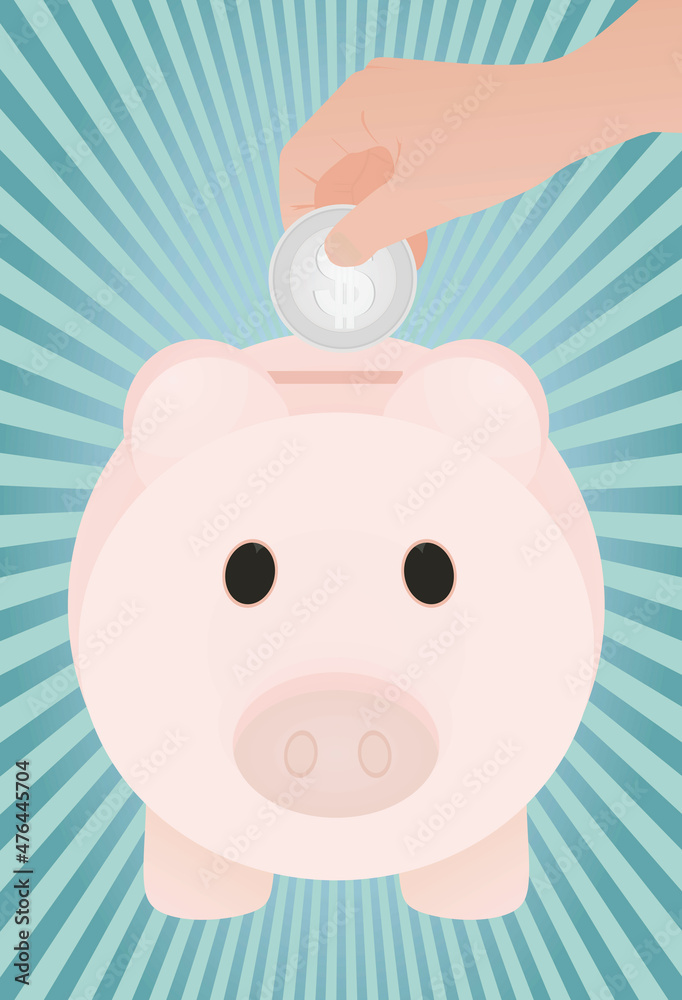 Fototapeta premium Hand put USD coin in piggybank. vector