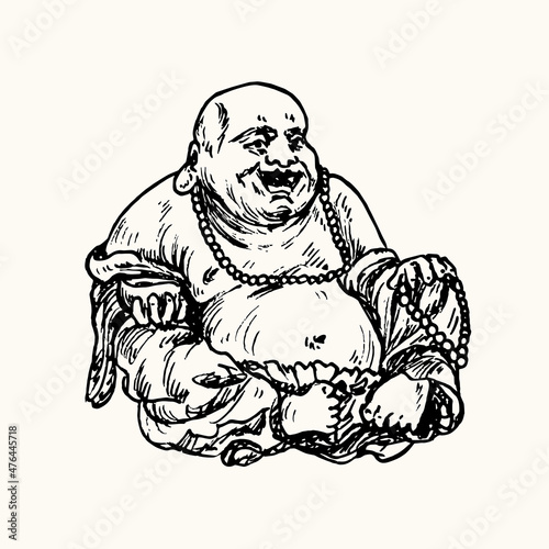 Budai (Hotei). Ink black and white doodle drawing in woodcut style with inscription.