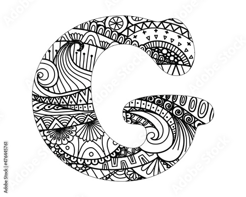 Alphabet mandala pattern, Mandala Style Letters G, Alphabet letter coloring book for adults vector illustration